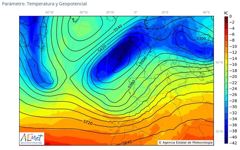 Mapas de las 00 UTC para el 1 de marzo de 2018 según AEMET: 500 hPa (geopotencial y temperatura)