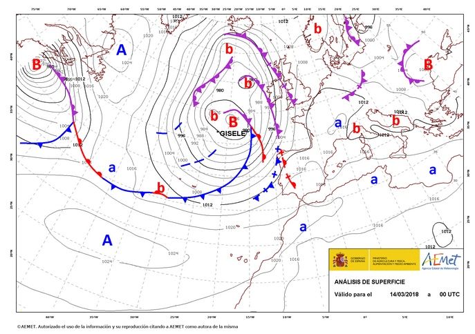 Mapas de superficie de MétéoFrance y AEMET con los sistemas de presión, bajas, altas y frentes del 14 de marzo a las 00 UTC. Mapas de superficie de MétéoFrance y AEMET con los sistemas de presión, bajas, altas y frentes del 14 de marzo a las 00 UTC.