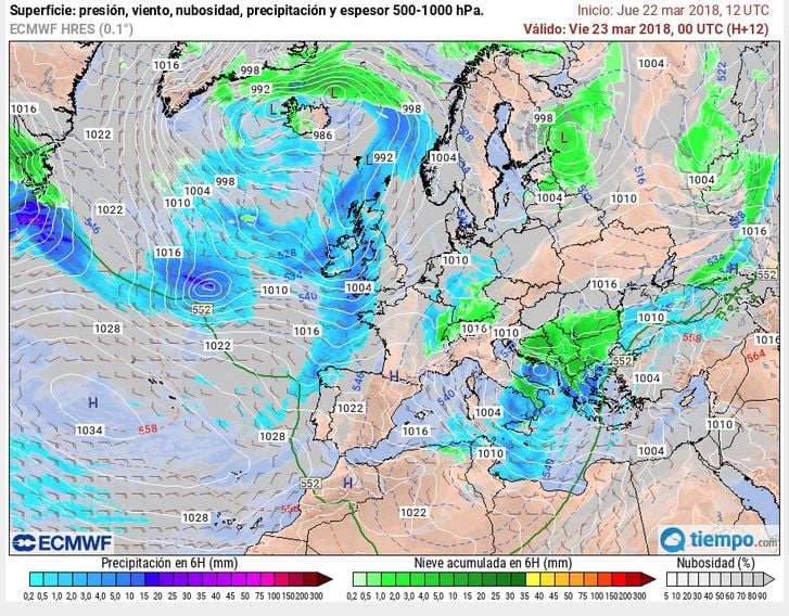 Mapas previstos a las 00 UTC del 23 de marzo de 2018 según modelo IFS ECMWF: vientos en 300 hPa y superficie con presión, y precipitación prevista. Tiempo.com Mapas previstos a las 00 UTC del 23 de marzo de 2018 según modelo IFS ECMWF: vientos en 300 hPa y superficie con presión, y precipitación prevista. Tiempo.com