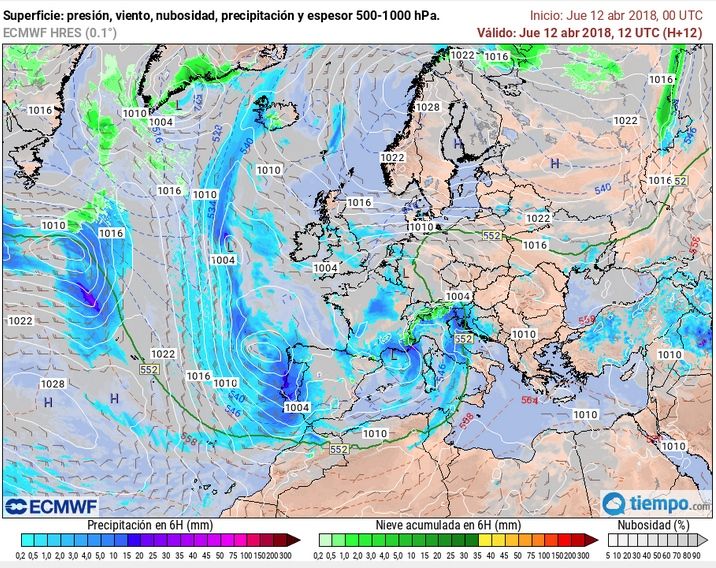 Mapas de altura, 300 hPa con el chorro (viento superior a 40 nudos) arriba, y mapa de superficie, presión y precipitación prevista para las 12 UTC (14 h.l.) del 12 de abril de 2018. Tiempo.com Mapas de altura, 300 hPa con el chorro (viento superior a 40 nudos) arriba, y mapa de superficie, presión y precipitación prevista para las 12 UTC (14 h.l.) del 12 de abril de 2018. Tiempo.com