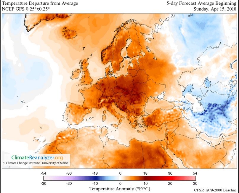 Anomalías medias de temperatura en 5 días (15-20 abril) según modelo determinista GFS. ClimateReanalyzer