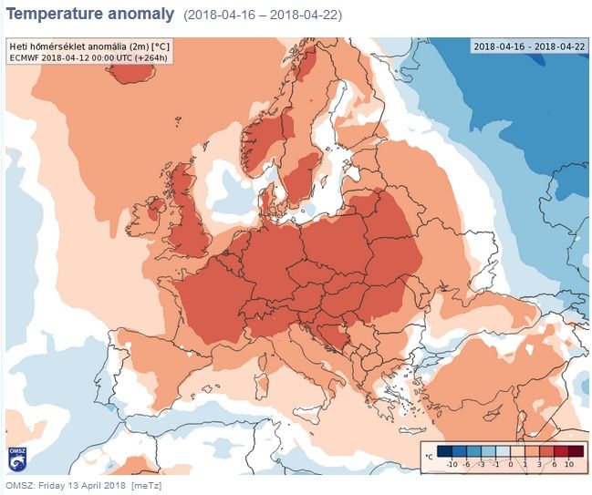 Anomalías medias semanales de temperatura según el modelo del ECMWF para la semana del 16-22. SMHN de Hungría