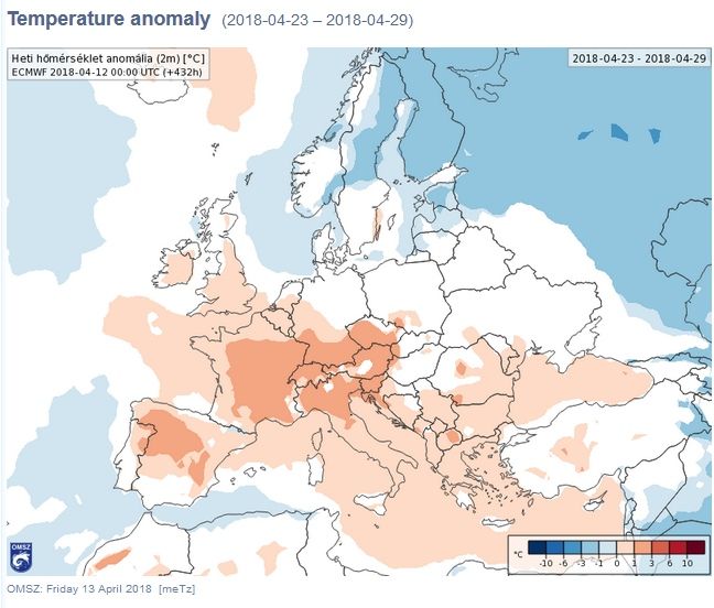 Anomalías medias semanales de temperatura según el modelo del ECMWF para la semana del 23-29 de abril de 201. SMHN de Hungría