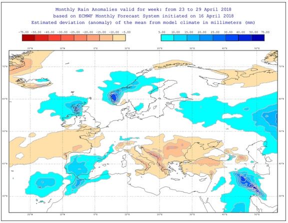 Mapas de anomalías térmicas, arriba, y de precipitación, abajo, para el 23-29 de abril de 2018
