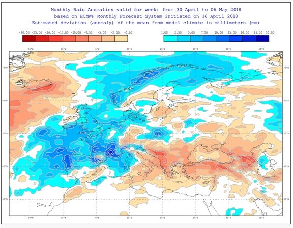 Mapas de anomalías térmicas, arriba, y de precipitación, abajo, para el 30 de abril – 6 de mayo de 2018