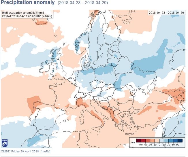 Mapas de anomalías térmicas, arriba, y de precipitación, abajo, para el 23-29 de abril de 2018.