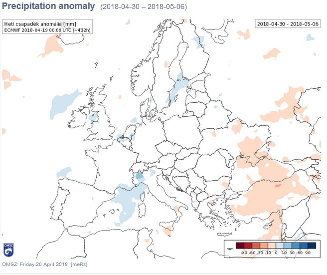 Mapas de anomalías térmicas, arriba, y de precipitación, abajo, para el 30 de abril – 6 de mayo de 2018