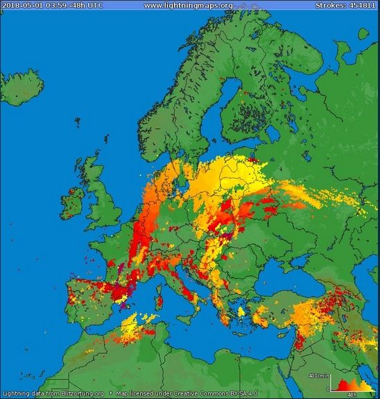 Imagen de rayos totales detectados en 48 horas: 29 y 30 de abril de 2018: más de 450.000 descargas detectadas. Lightningmaps.org Imagen de rayos totales detectados en 48 horas: 29 y 30 de abril de 2018: más de 450.000 descargas detectadas. Lightningmaps.org