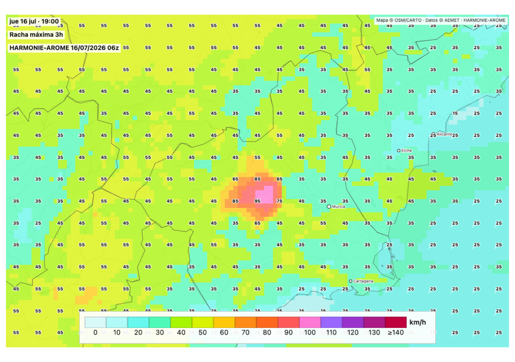 Las rachas de viento previstas serán muy elevadas en áreas cercanas a la zona. Fuente: harmoniearome.es
