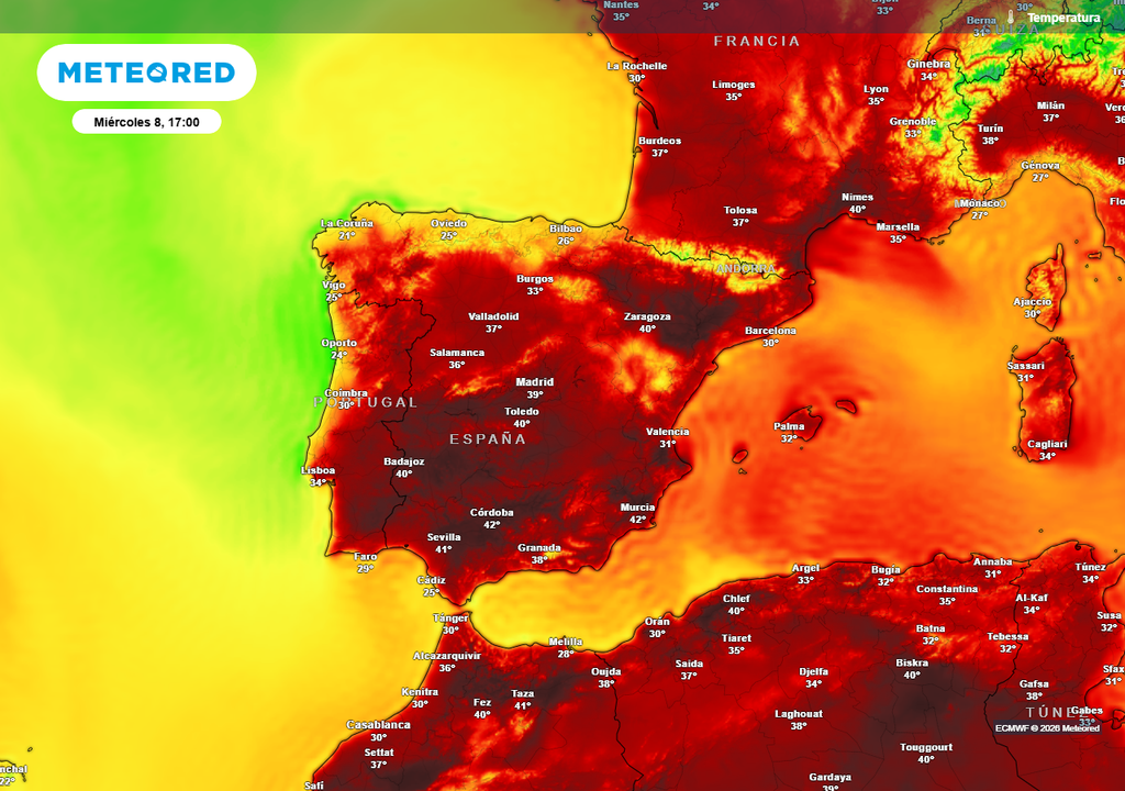 Temperaturas previstas para la tarde del 8 de julio. Las temperaturas seguirán en torno a lo 40 ºC en los principales valles del interior, mientras el litoral cantábrico apenas alcanzará los 25 ºC.
