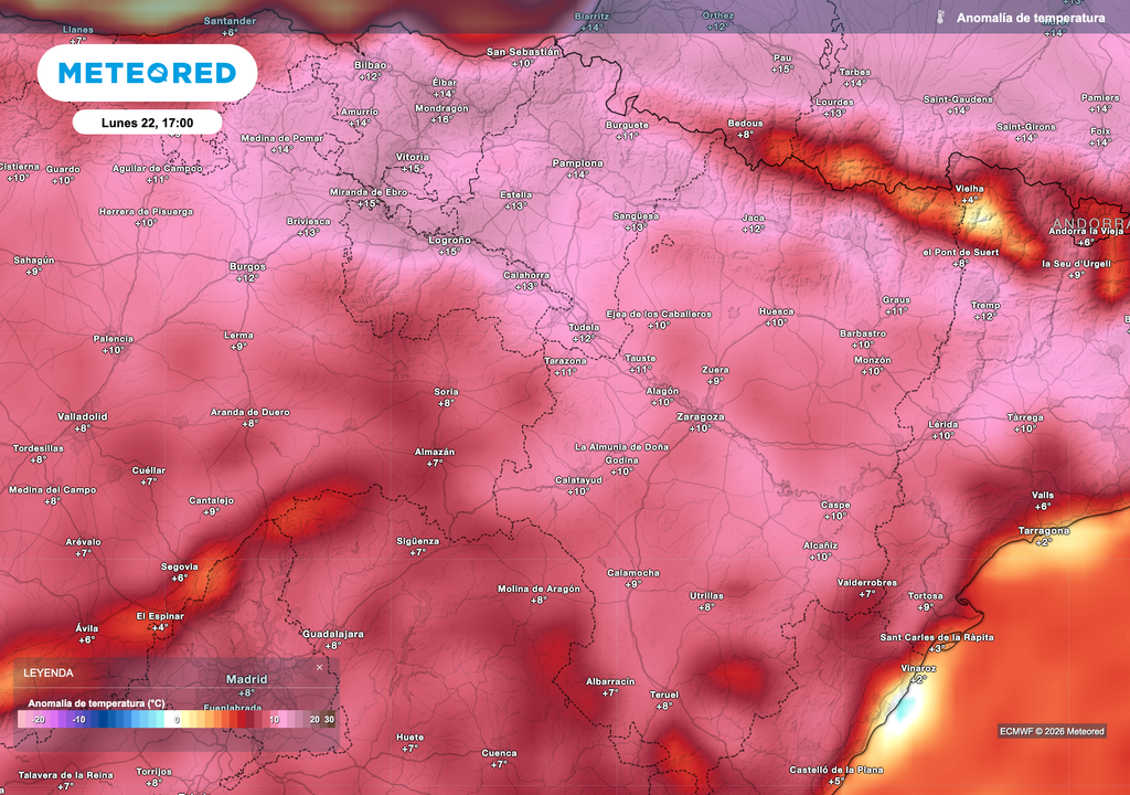 Anomalías térmicas previstas por el modelo europeo en el valle del Ebro el lunes.