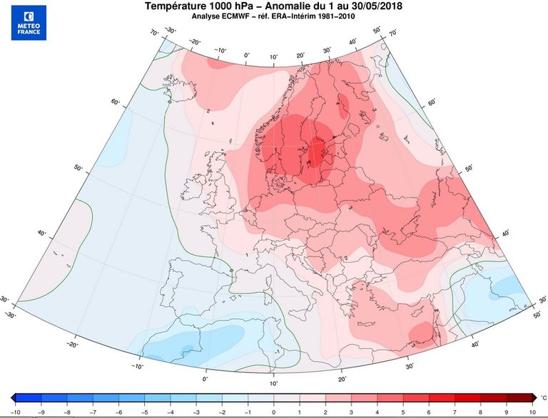 Foto 2: Anomalías medias de la temperatura a 1000 hPa durante el período del 1 al 30 de mayo, en comparación con el período de referencia 1981-2010 (ECMWF ERA-Reanálisis provisional). Météo-France Foto 2: Anomalías medias de la temperatura a 1000 hPa durante el período del 1 al 30 de mayo, en comparación con el período de referencia 1981-2010 (ECMWF ERA-Reanálisis provisional). Météo-France