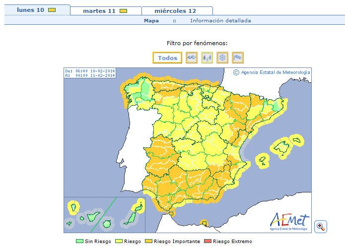Estado de los avisos para el día 10 de febrero de 2014 a primeras horas de la mañana del mismo día, la mayoría por viento, nieve, lluvia y estado de la mar en la costa. Fuente: AEMET.