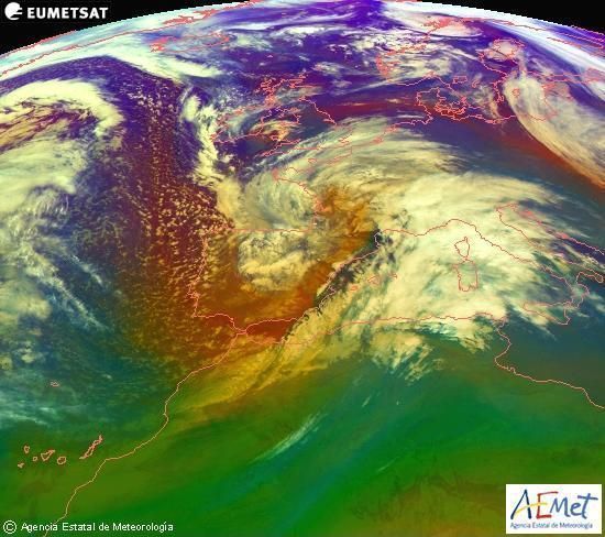 Imagen de masas de aire del Meteosat del 10 de febrero de 2014 a las 06 hl mostrando la borrasca “Stephanie” afectando a gran parte de España. Fuente: AEMET