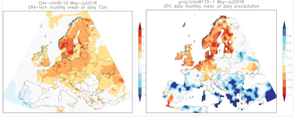 Anomalías de temperatura, a la izquierda, y anomalías de precipitación relativa, derecha Anomalías de temperatura, a la izquierda, y anomalías de precipitación relativa, derecha