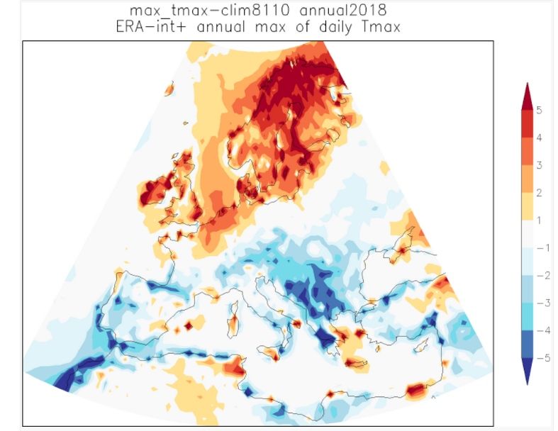 Mapa del promedio de 3 días más cálidos de Tmax en 2018 (ECMWF analizado hasta el 24 de julio de 2018, las previsiones hasta el 31 de julio) en comparación con la temperatura máxima de 3 días en el período 1981-2010 que es actualmente el período normal Mapa del promedio de 3 días más cálidos de Tmax en 2018 (ECMWF analizado hasta el 24 de julio de 2018, las previsiones hasta el 31 de julio) en comparación con la temperatura máxima de 3 días en el período 1981-2010 que es actualmente el período normal