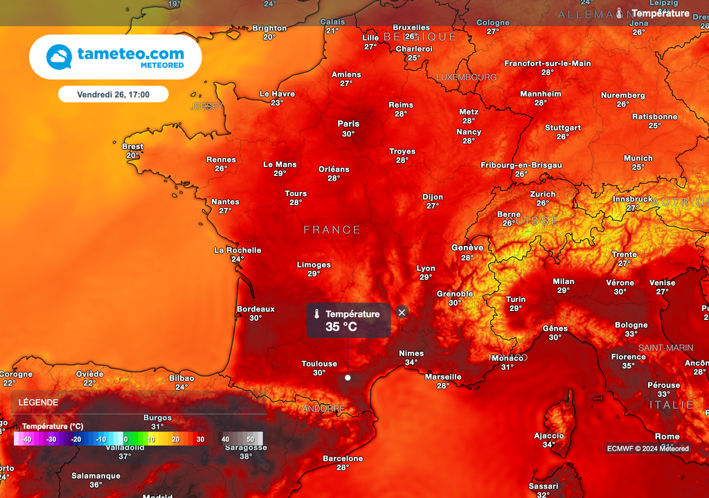Près de 35 degrés attendus cette semaine dans le sud-est. Carte des maximales pour vendredi après-midi. Près de 35 degrés attendus cette semaine dans le sud-est. Carte des maximales pour vendredi après-midi.