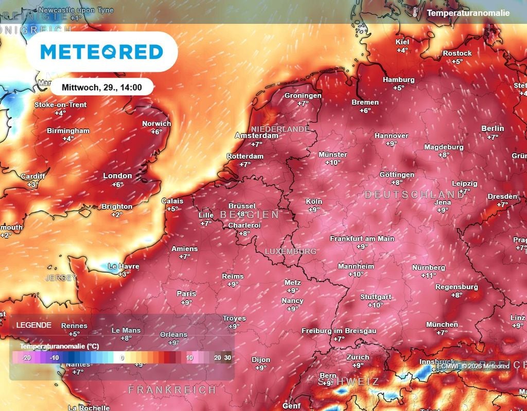 Die Karte der Temperaturanomalie zeigt: Mitte nächster Woche schießen die Temperaturen wieder richtig in die Höhe.
