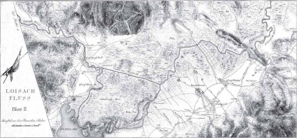 Figura 3. Mapa del área de Loisach (Schleich, 1807). La distancia a lo largo del mapa de norte a sur es de 10 km (© Bayerische Staatsbibliothek, Munich.)