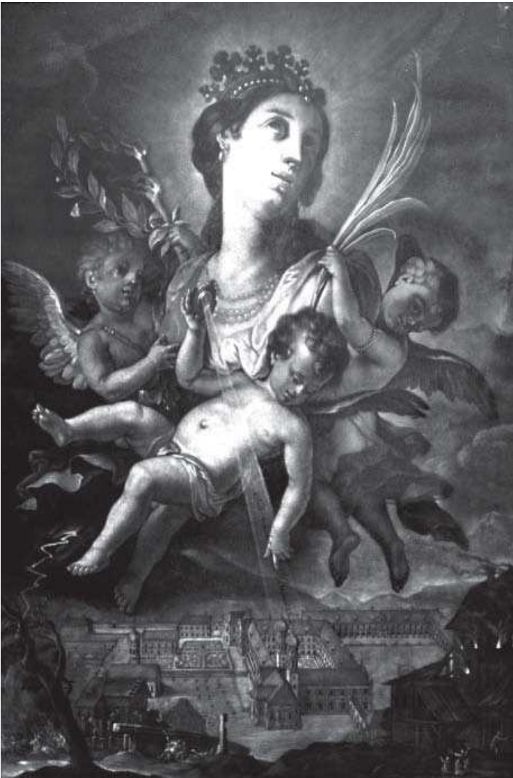 Figura 7. Grabado en cobre del milagro de Anastasia por Lucas Zais alrededor de 1720 (© Monasterio de Benediktbeuern)