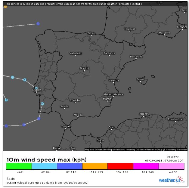 Trayectorias previstas por el modelo ENS- ECMWF para una zona amplia, arriba, y para la Península, abajo, a 10 días vista.