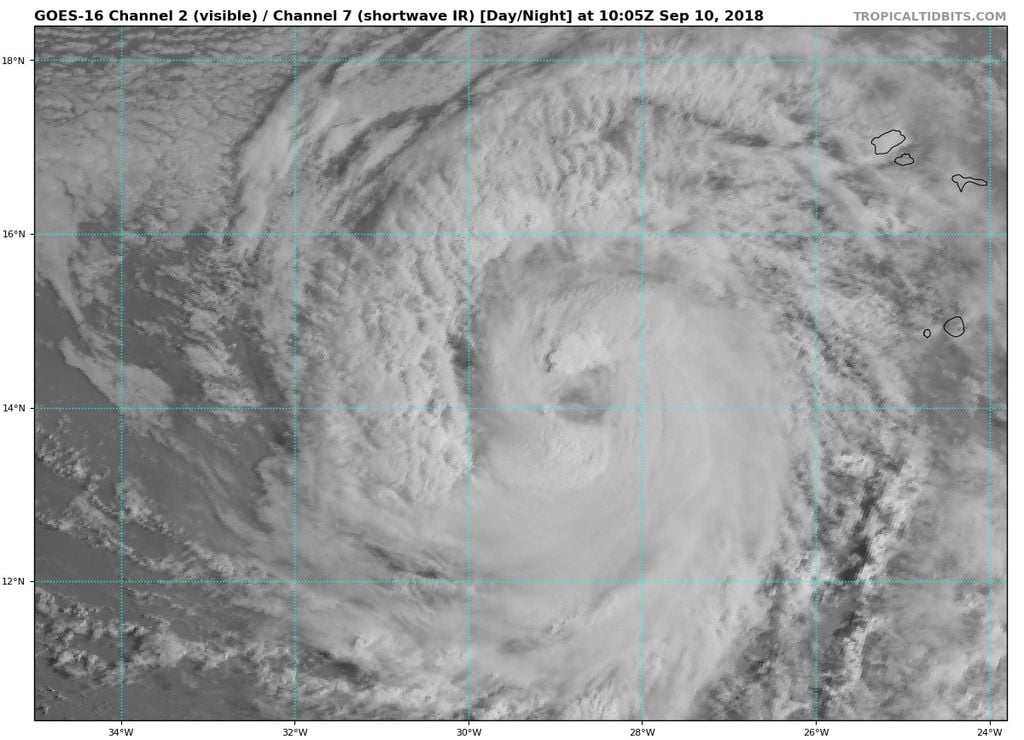 Imagen VIS del huracán Helene de cat. 1 del 10 de sept. 2018