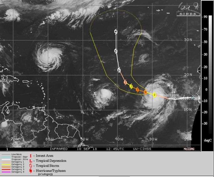 Imagen IR de Helene y tracectoria de su centro observada y prevista. CIMSS