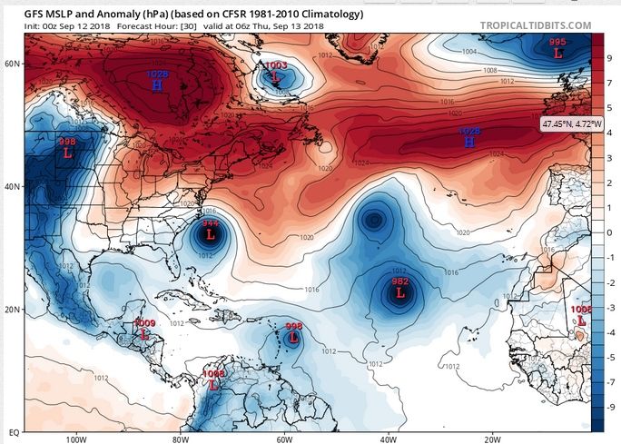 Mapas de presión en superficie y anomalías (en escala de colores y respecto a los valores medios del periodo 1981-2010) según el modelo GFS para el día 13 de septiembre de 2018 a las 06 UTC. Tropicaltidbits.com Mapas de presión en superficie y anomalías (en escala de colores y respecto a los valores medios del periodo 1981-2010) según el modelo GFS para el día 13 de septiembre de 2018 a las 06 UTC. Tropicaltidbits.com