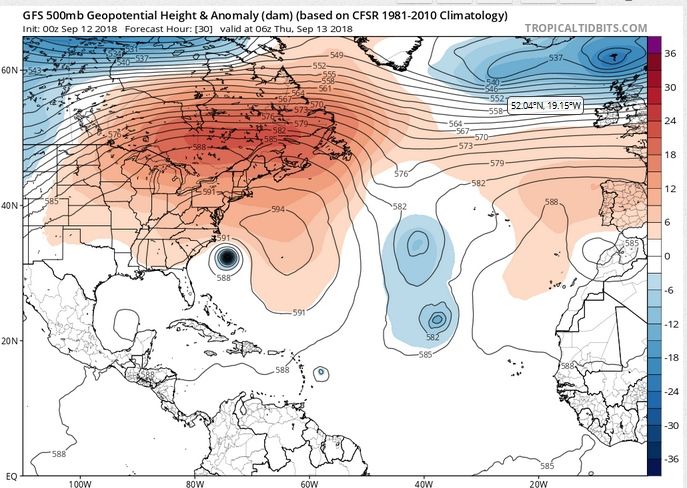 Mapas del geopotencial en 500 hPa y anomalías (en escala de colores y respecto a los valores medios del periodo 1981-2010) según el modelo GFS para el día 13 de septiembre de 2018 a las 06 UTC. Tropicaltidbits.com Mapas del geopotencial en 500 hPa y anomalías (en escala de colores y respecto a los valores medios del periodo 1981-2010) según el modelo GFS para el día 13 de septiembre de 2018 a las 06 UTC. Tropicaltidbits.com
