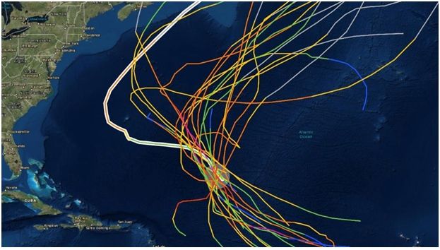 Trayectorias de todas las tormentas tropicales y huracanes de septiembre que pasan a menos de 161 km de la ubicación de Florencia el 7 de septiembre de 2018. Fuente Wunderground Trayectorias de todas las tormentas tropicales y huracanes de septiembre que pasan a menos de 161 km de la ubicación de Florencia el 7 de septiembre de 2018. Fuente Wunderground