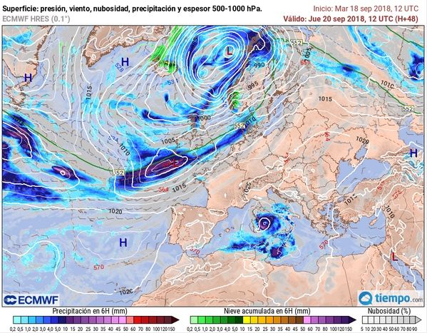 Mapas amplios de vientos y geopotencial en 300 hPa, arriba, y presión y precipitación en 6 horas, abajo, en superficie para el 20 de septiembre de 2018.