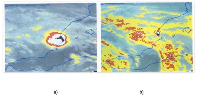 SCM Gandia. a): Imagen infrarroja METEOSAT correspondiente a las 6,30 TMG del 3 de noviembre de 1987. Junto a la costa valenciana aparece un pequeño sistema convectivo que acaba de surgir en pleno mar. Es una zona de fuerte gradiente de temperatura potencial equivalente. El sistema quedó «anclado» durante más de treinta horas en el área central de la provincia de Valencia y originó precipitaciones de más de 1.000 mm., en Gandia. b): Aparece este sistema convectivo a las 5,30 TMG del 4 de noviembre, es decir veintitrés horas después del momento en que se obtuvo la imagen (a).