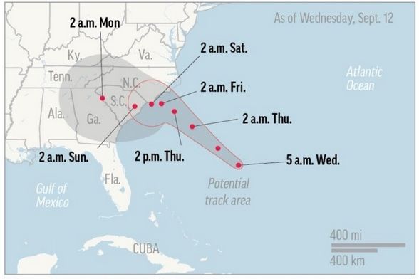 Trayectoria de Florence, afectando en la costa a los estados de Carolina del Norte, Carolina del Sur y Virginia. NOAA