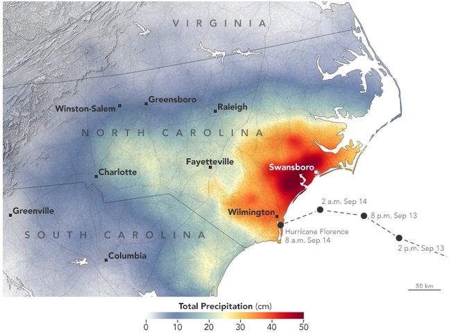 Precipitación total acumulada en la zona de Florence, en cm. NOAA