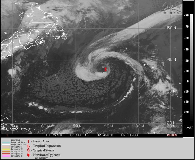 Imagen IR de ex Leslie a primeras horas del día 27 sept. 2018: “I” en la imagen. CIMSS
