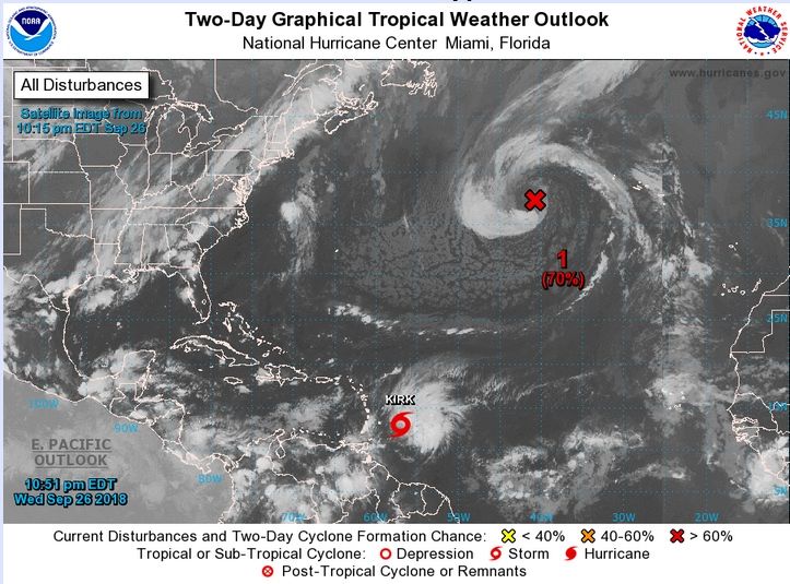 Imagen de los dos sistemas seguidos por el CNH a primeras horas del 27 de sept. 2018. “X” denota la posición de ex Leslie, y Kirk que está muy al sur. NHC