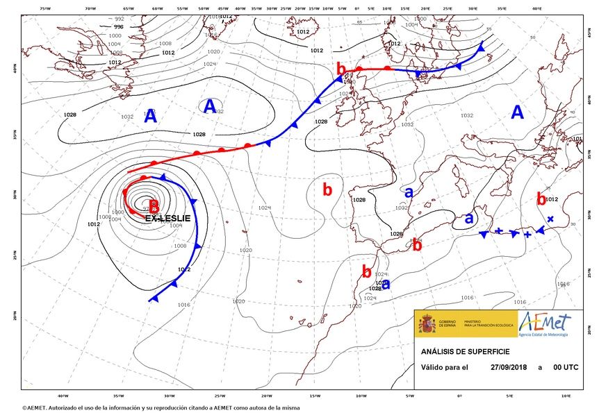 Mapa de superficie de presion, frentes y sistemas de presión del 27 sept. 2018 00 UTC. AEMET