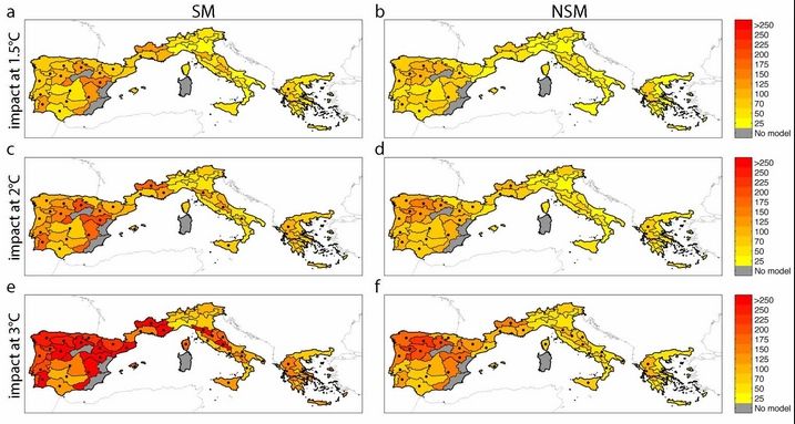Simulación del área quemada para el caso de un calentamiento global con un aumento de 1.5 ° C, 2ºC y 3ºC. En un caso, aplicando el modelo estacionario (SM), a la izquierda y aplicando un modelo no estacionario (NSM), a la derecha. Los puntos indican las áreas donde hay un cambio significativo. (Crédito: M. Turco et al.)