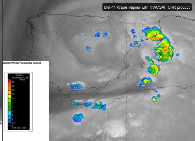 Figura 5: Imágenes de vapor de agua de Meteosat-11 con las estimaciones de precipitación multisensor y productos de tasa de precipitación por convección NWC SAF. Figura 5: Imágenes de vapor de agua de Meteosat-11 con las estimaciones de precipitación multisensor y productos de tasa de precipitación por convección NWC SAF.
