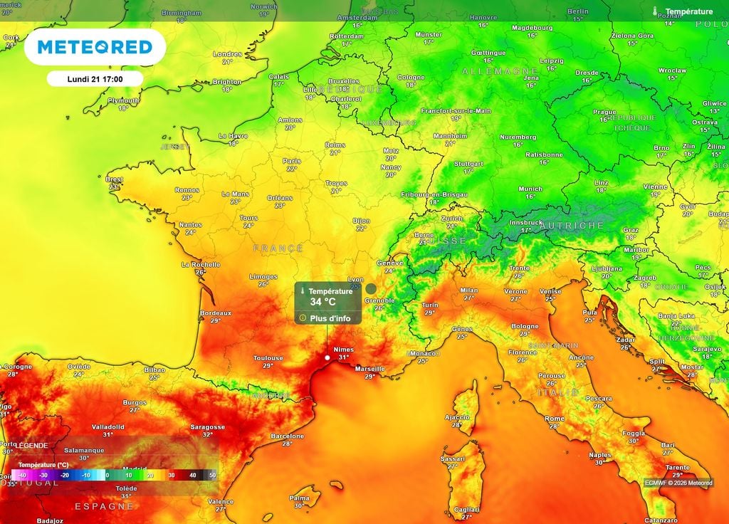 Lundi 21 septembre après-midi, des pointes à 34°C voire plus seront probables dans les terres du Languedoc-Roussillon.