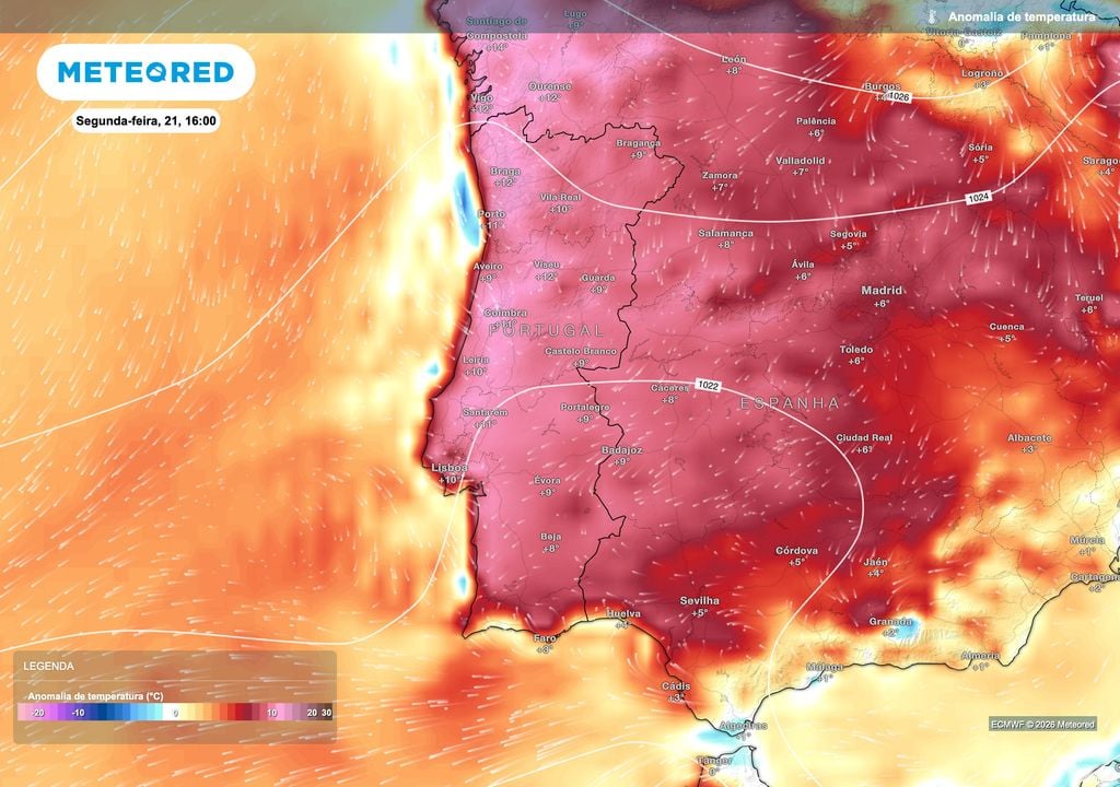 Na segunda-feira, as temperaturas deverão ficar muito acima do habitual em todo o território nacional, com Braga e Viseu a registarem anomalias que poderão atingir +12 ºC.