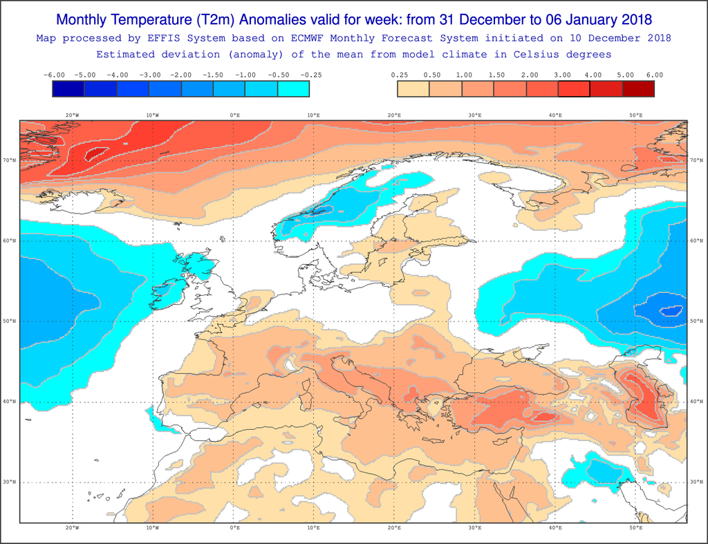 Anomalías de temperatura en ºC para la semana del 31 de diciembre de 2018 – 6 de enero de 2019 para Europa. Salidas del modelo del VarEPS-Mensual del ECMWF. Anomalías de temperatura en ºC para la semana del 31 de diciembre de 2018 – 6 de enero de 2019 para Europa. Salidas del modelo del VarEPS-Mensual del ECMWF.