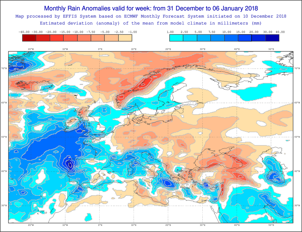 Anomalías de precipitación en mm para la semana del 31 de diciembre de 2018 – 6 de enero de 2019 para Europa. Salidas del modelo del VarEPS-Mensual del ECMWF. Anomalías de precipitación en mm para la semana del 31 de diciembre de 2018 – 6 de enero de 2019 para Europa. Salidas del modelo del VarEPS-Mensual del ECMWF.