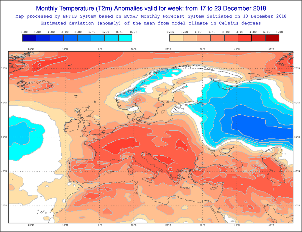 Anomalías de temperatura para la semana del 17-23 de diciembre de 2018 para Europa. Salidas del modelo del VarEPS-Mensual del ECMWF. Anomalías de temperatura para la semana del 17-23 de diciembre de 2018 para Europa. Salidas del modelo del VarEPS-Mensual del ECMWF.