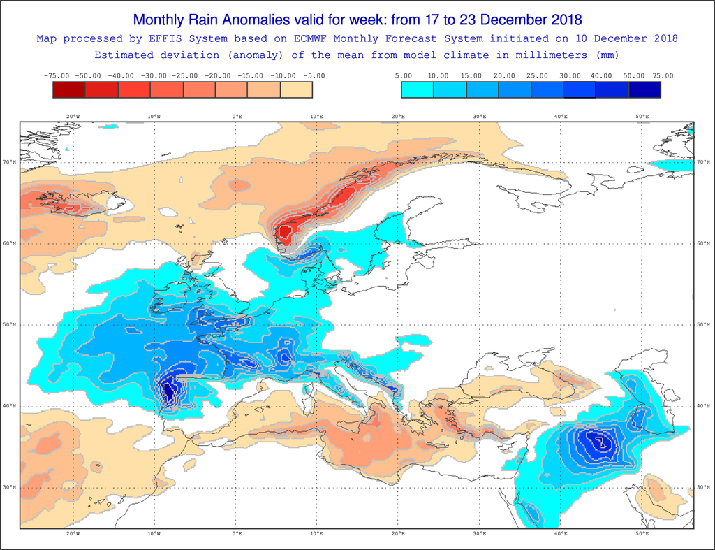 Anomalías de precipitación en mm para la semana del 17-23 de diciembre de 2018 para Europa. Salidas del modelo del VarEPS-Mensual del ECMWF. Anomalías de precipitación en mm para la semana del 17-23 de diciembre de 2018 para Europa. Salidas del modelo del VarEPS-Mensual del ECMWF.