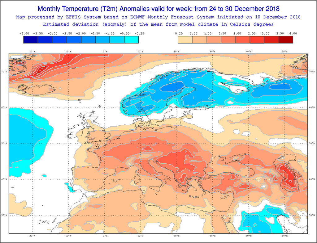 Anomalías de temperatura en ºC para la semana del 24-30 de diciembre de 2018 para Europa. Salidas del modelo del VarEPS-Mensual del ECMWF. Anomalías de temperatura en ºC para la semana del 24-30 de diciembre de 2018 para Europa. Salidas del modelo del VarEPS-Mensual del ECMWF.