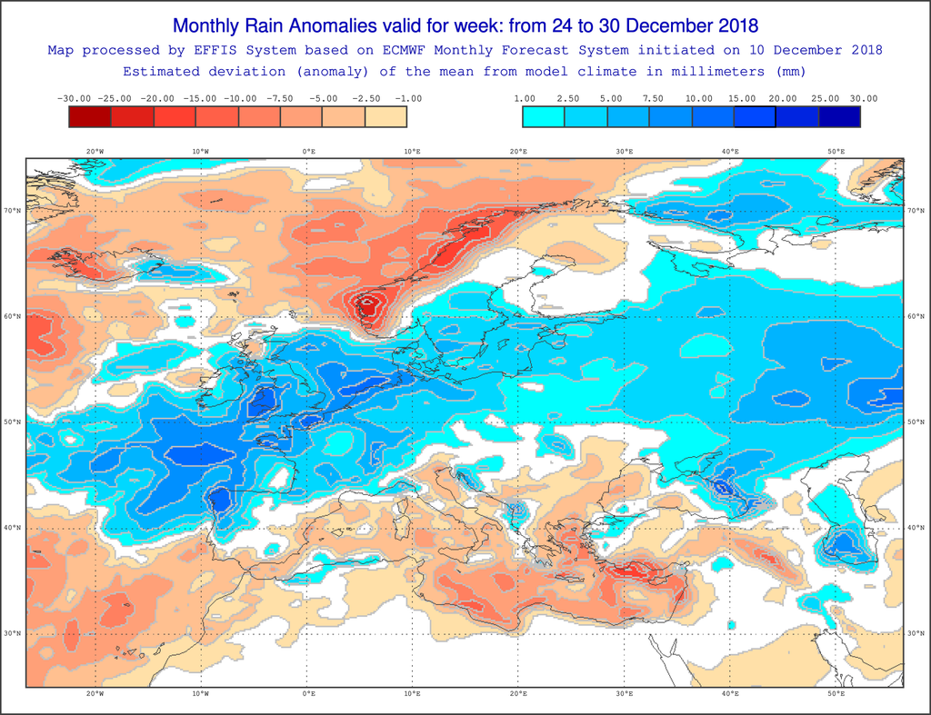 Anomalías de precipitación en mm para la semana del 24-30 de diciembre de 2018 para Europa. Salidas del modelo del VarEPS-Mensual del ECMWF. Anomalías de precipitación en mm para la semana del 24-30 de diciembre de 2018 para Europa. Salidas del modelo del VarEPS-Mensual del ECMWF.