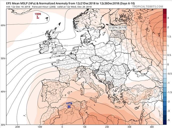 Mapas medios del modelo EPS-ECMWF de geopotencial y superficie para el periodo 16-26 de diciembre de 2018. Tropicaltidbits.