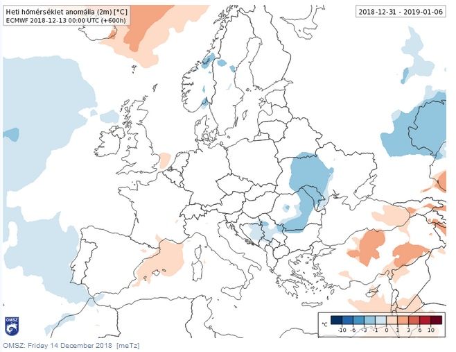 Anomalías de temperatura en ºC para la semana del 31 de diciembre de 2018 – 6 de enero de 2019 para Europa. < br>Salidas del modelo del VarEPS-Mensual del ECMWF.