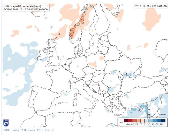 Anomalías de precipitación en mm para la semana del 31 de diciembre de 2018 – 6 de enero de 2019 para Europa. Salidas del modelo del VarEPS-Mensual del ECMWF.